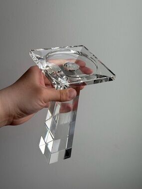 Vintage Oleg Cassini Signed Crystal Taper Candle Holder Optical Illusion 4x8”